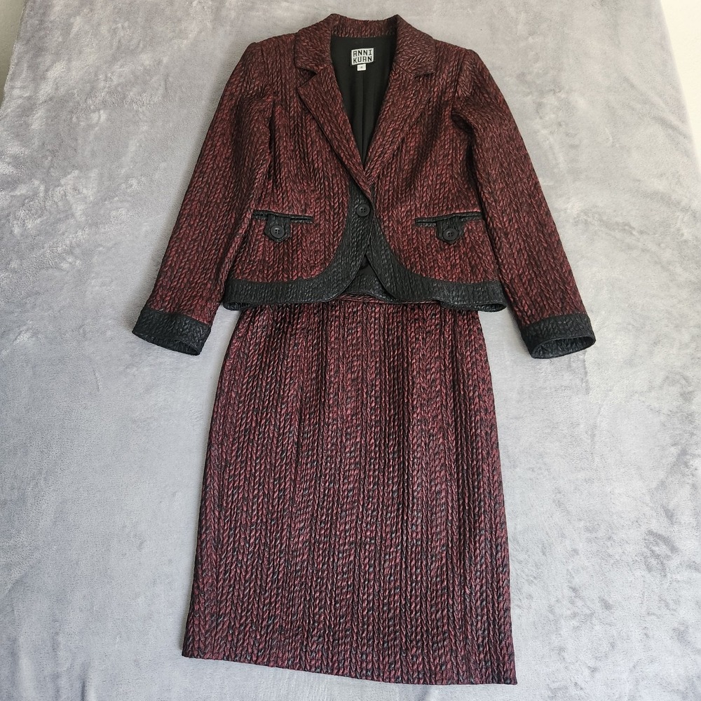 ANNI KUAN Skirt Suit Set Size 4 Red Black Metallic Textured Italian Modernist